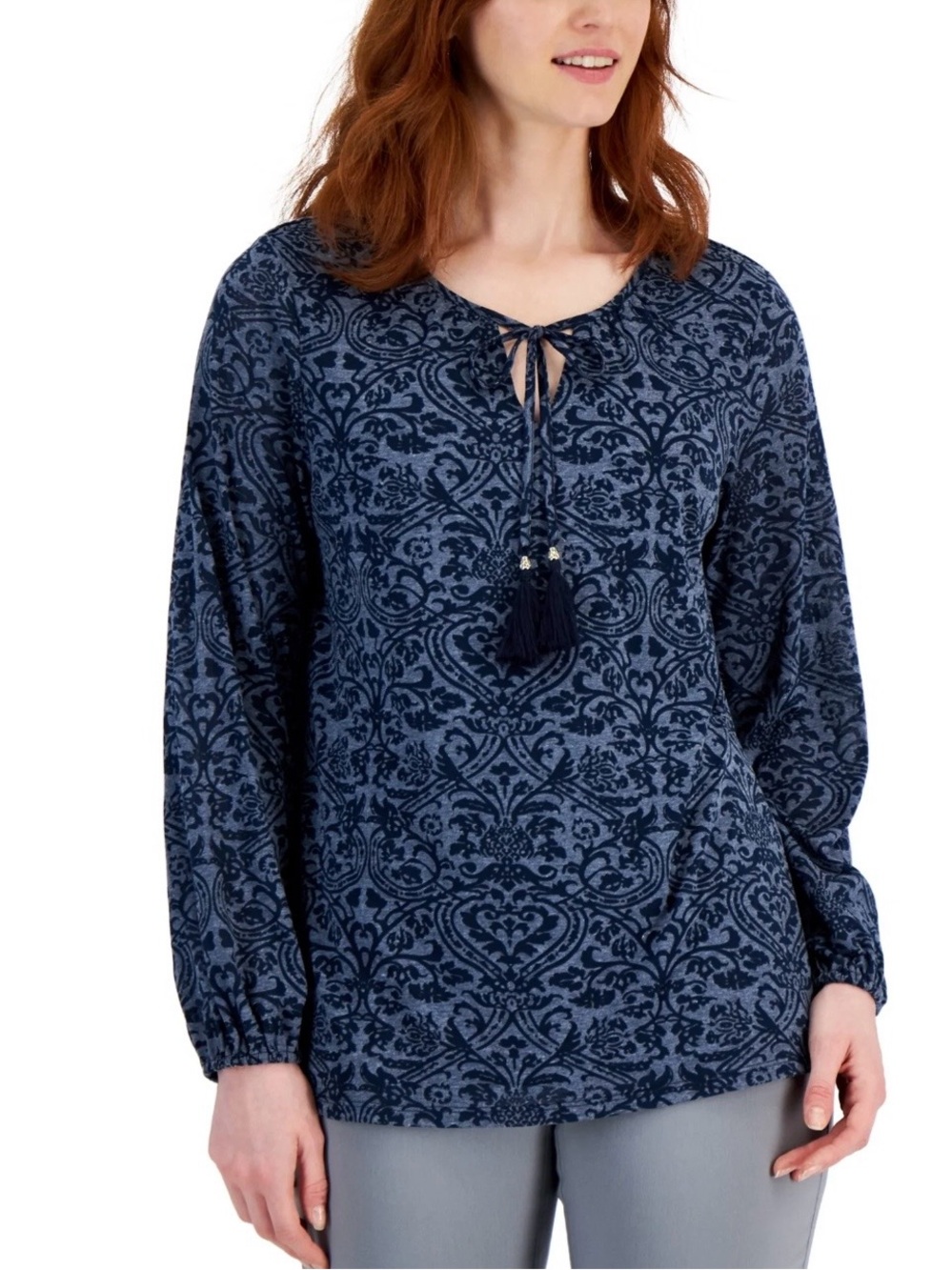 JM Collection Women's Dark Navy Blue Damask Print Tassel Tie Neck Blouse Size 2X